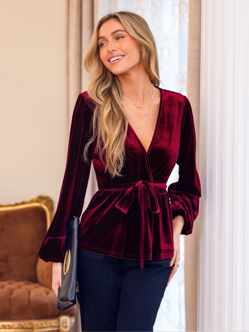 Cupshe Burgundy Velvet Wrap Tie-Waist Top
